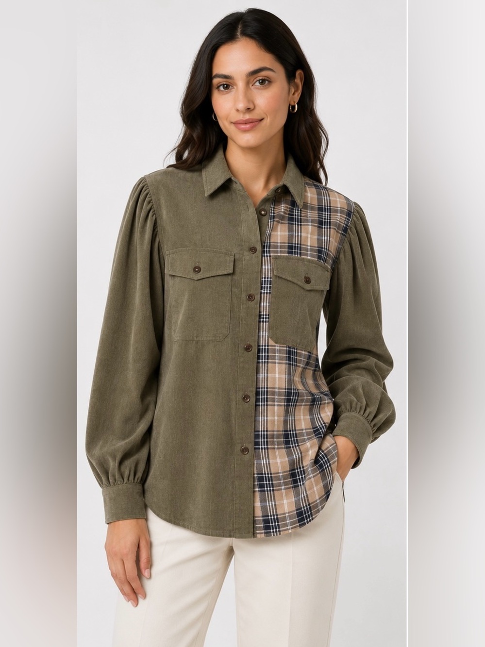 ANDTHEWHY Anthropologie Green Plaid & Corduroy Button Up Long Puff Sleeve Shirt
